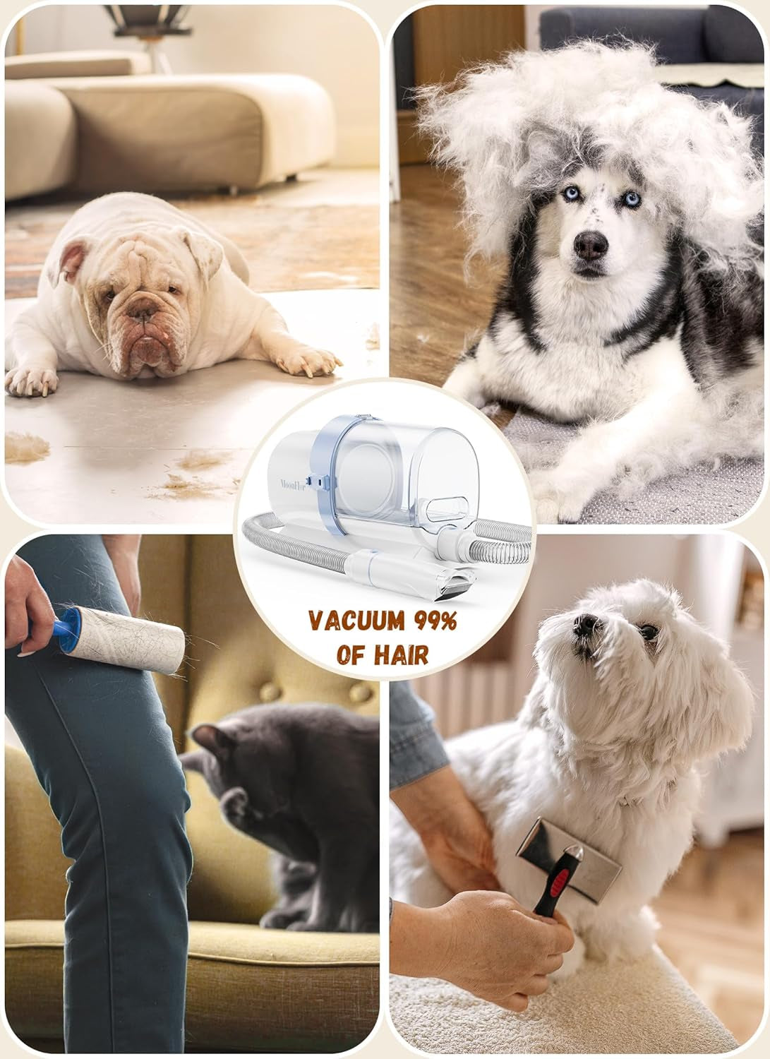 Shedding Bulldog and Husky next to a lint roller and the MoonFlor brush grooming a white dog, capturing 99% of hair