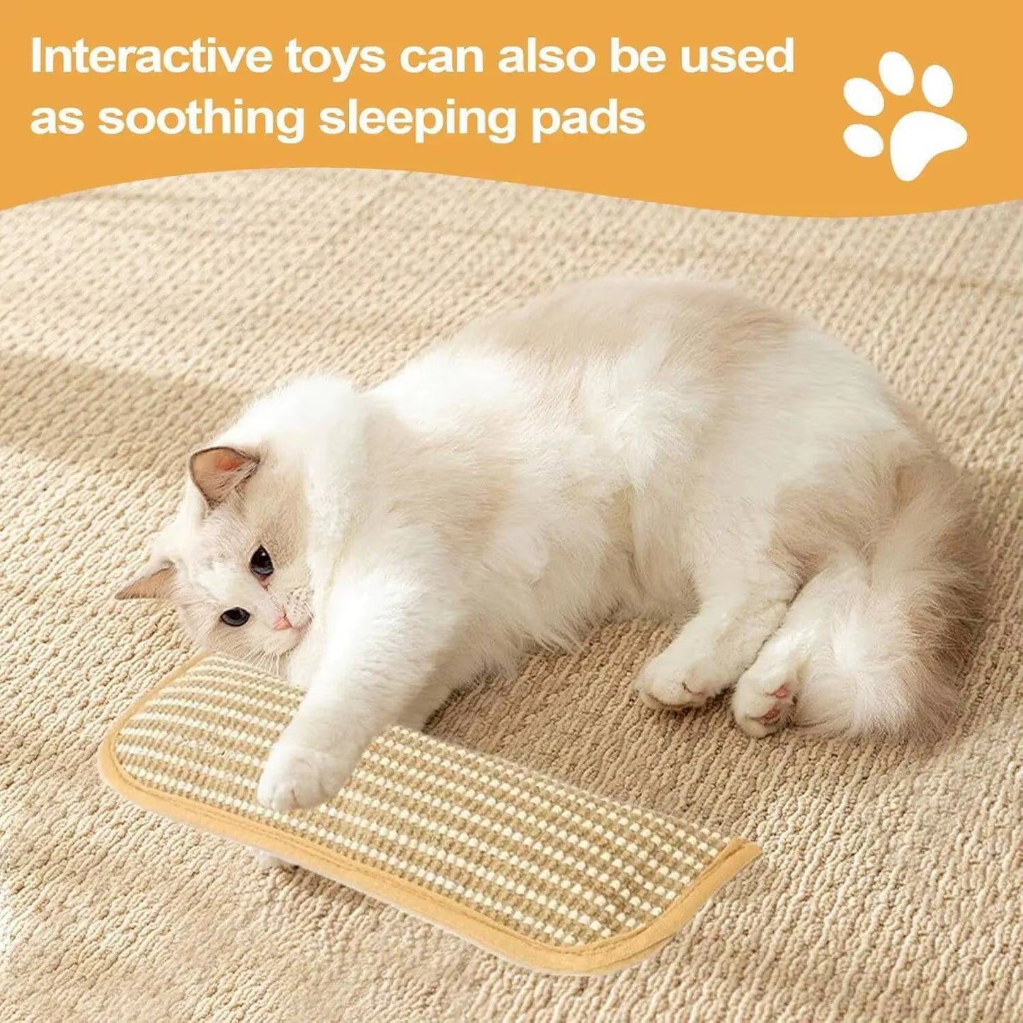 Cream colored cat resting on top of the folded scratcher pad on a carpeted floor