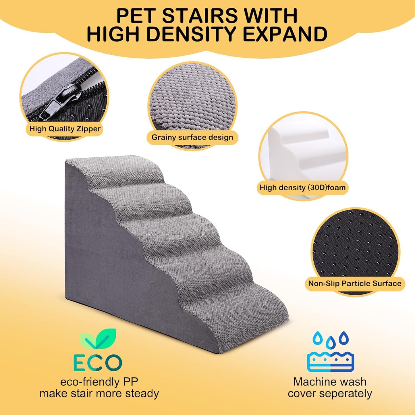Grainy surface, high quality zipper, high density foam, and non-slip particle surface detail callouts on the dog stairs