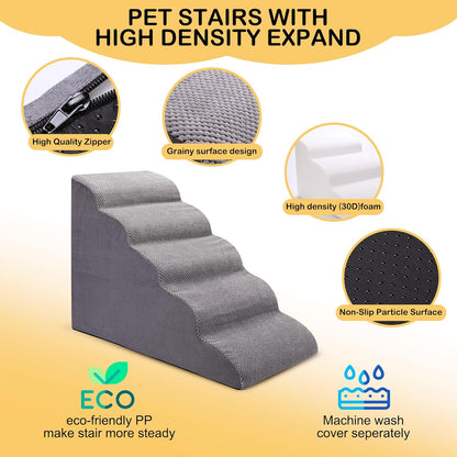 Grainy surface, high quality zipper, high density foam, and non-slip particle surface detail callouts on the dog stairs