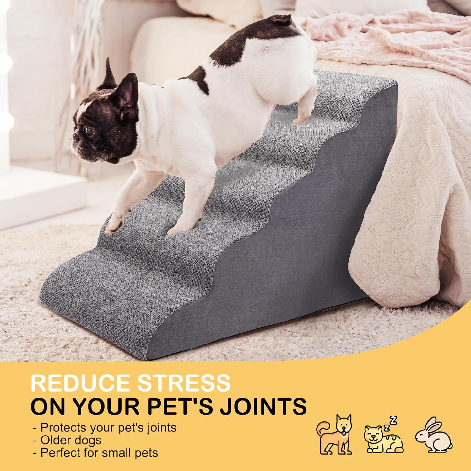 Grey 5-step foam dog stairs shown with a small white and tan dog and an orange kitten nearby