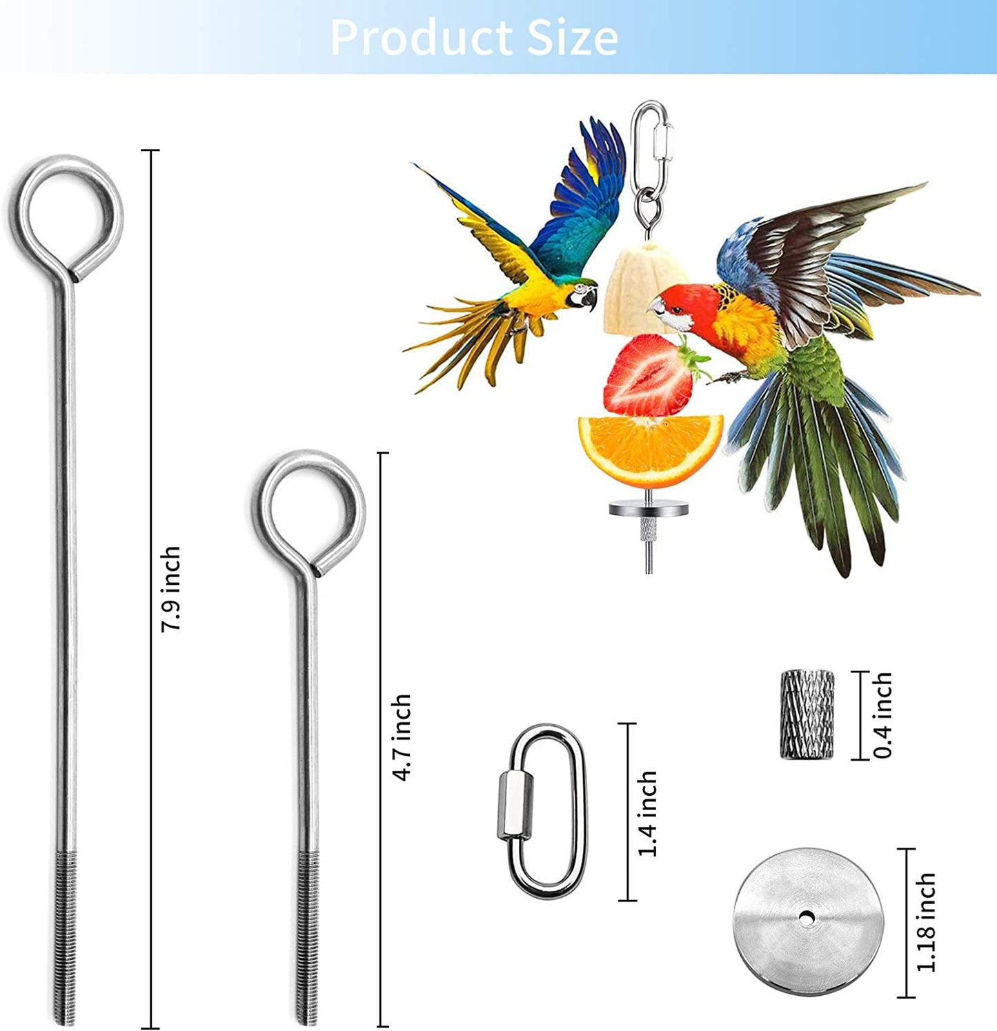 Product size diagram showing the 7.9 inch and 4.7 inch skewers, carabiner clip, washer, and screw dimensions
