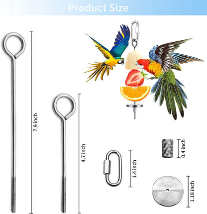 Product size diagram showing the 7.9 inch and 4.7 inch skewers, carabiner clip, washer, and screw dimensions