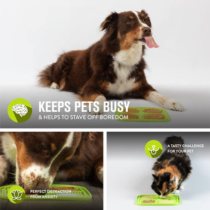 Dog licking treats from the lick mat next to a cat eating from the same mat in two side photos