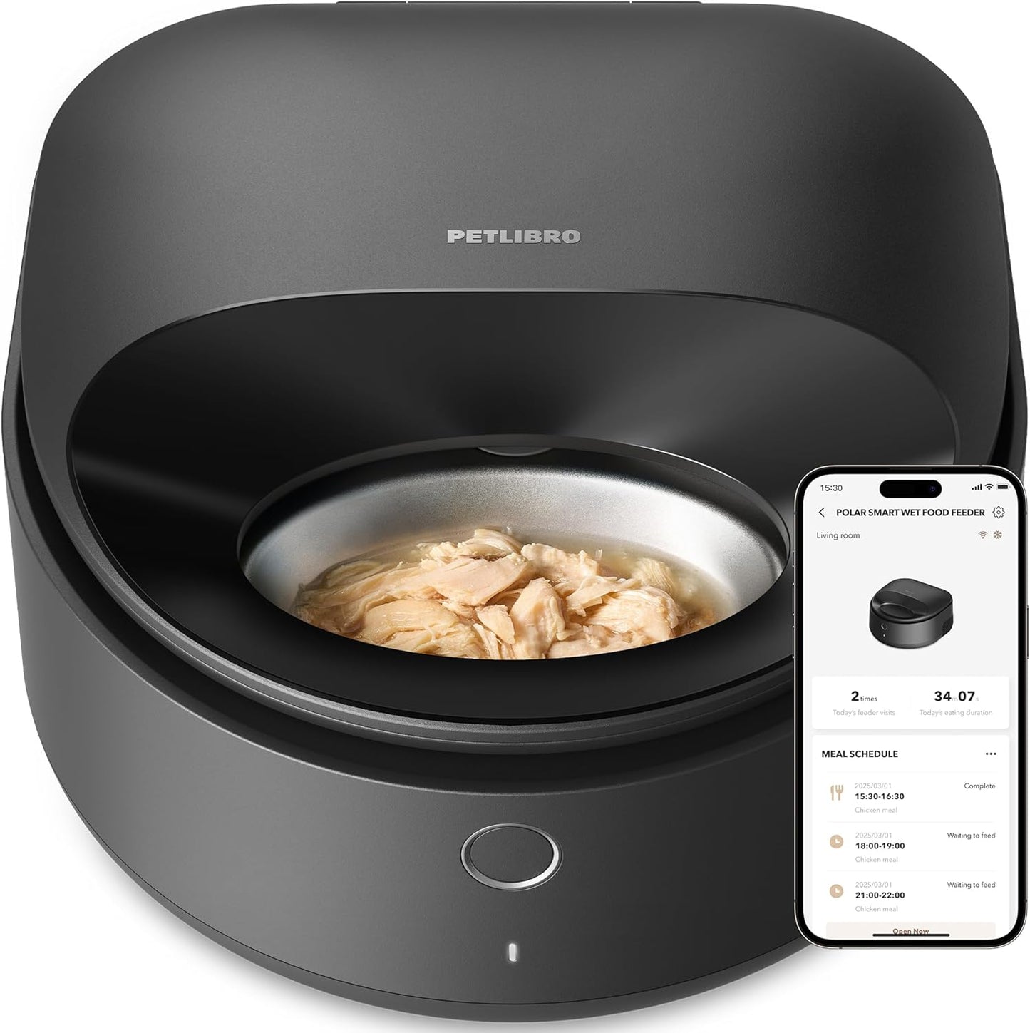Black PETLIBRO dry food dispenser and Polar wet feeder shown side by side on a wood floor