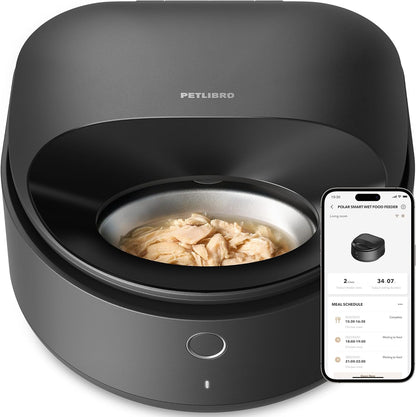 Black PETLIBRO dry food dispenser and Polar wet feeder shown side by side on a wood floor