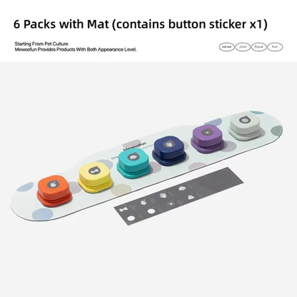 Six talking buttons in assorted colors arranged on the oval mat with a sticker sheet