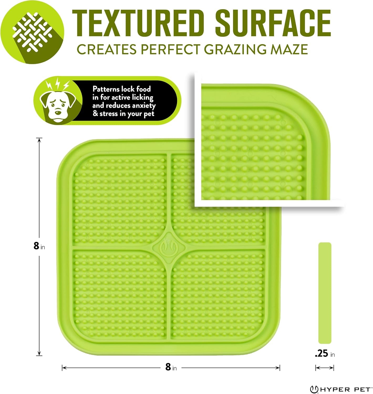 Green textured lick mat diagram showing 8 by 8 inch size and a close-up of the raised grazing pattern