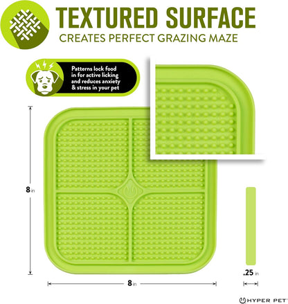 Green textured lick mat diagram showing 8 by 8 inch size and a close-up of the raised grazing pattern