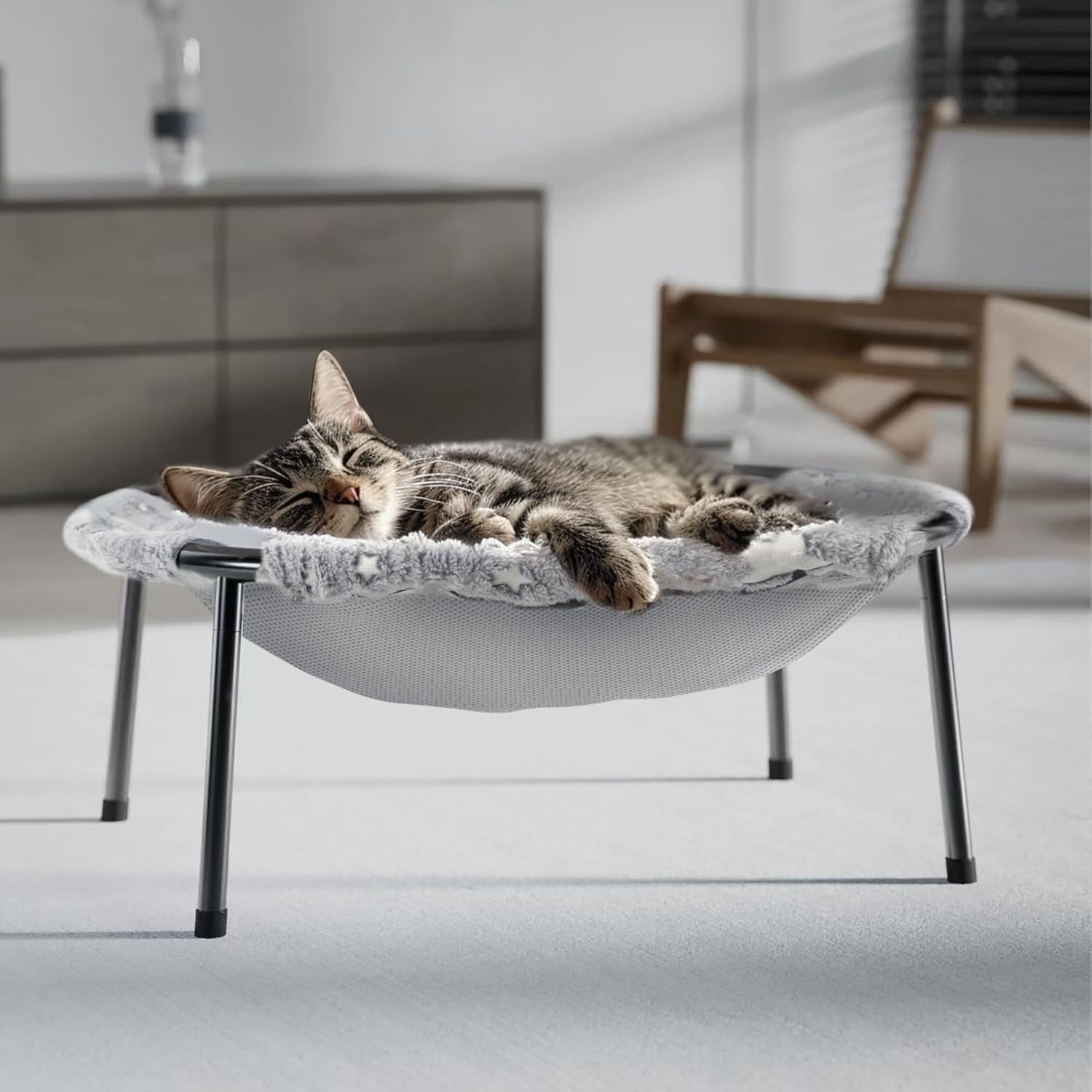 Tabby cat sleeping in a gray elevated hammock cat bed with metal legs on a living room floor