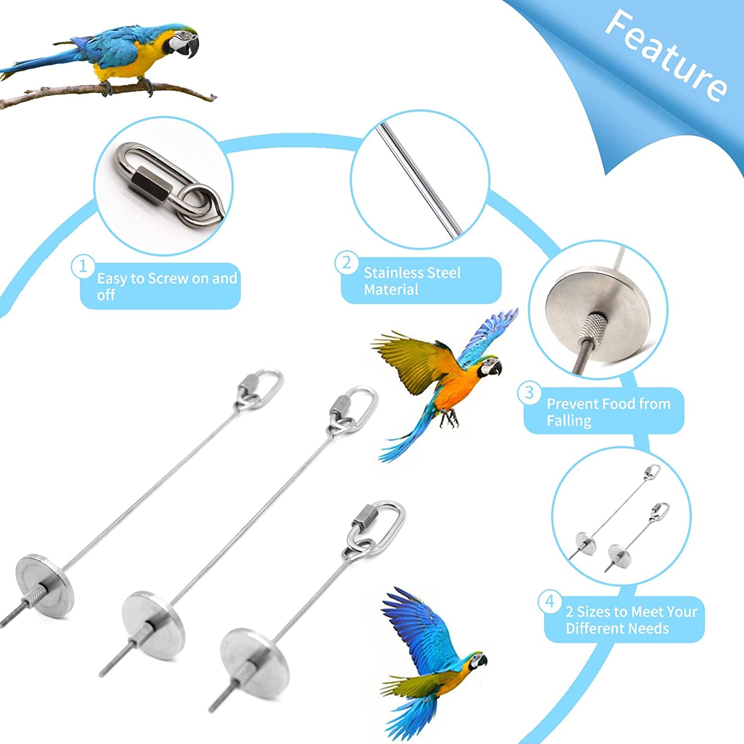 Four feature callouts showing the skewer's carabiner clip, stainless steel rod, and food-securing washer