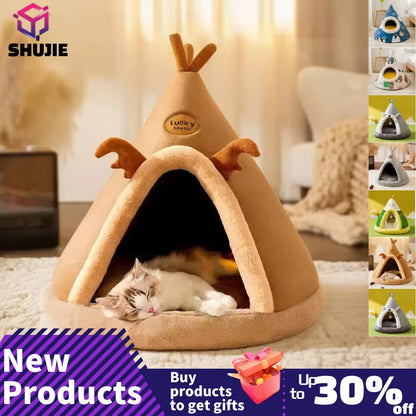 Tan teepee-shaped pet bed with plush antler details and a Lucky Toyou brand patch