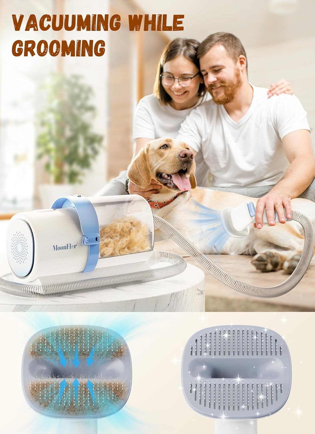 Couple grooming their yellow Labrador with the MoonFlor vacuum kit as loose hair collects in the clear dust cup