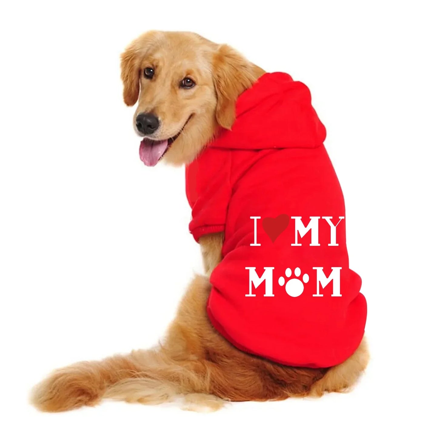 Golden Retriever wearing a red I Love My Mom hoodie with the hood up, seen from the side